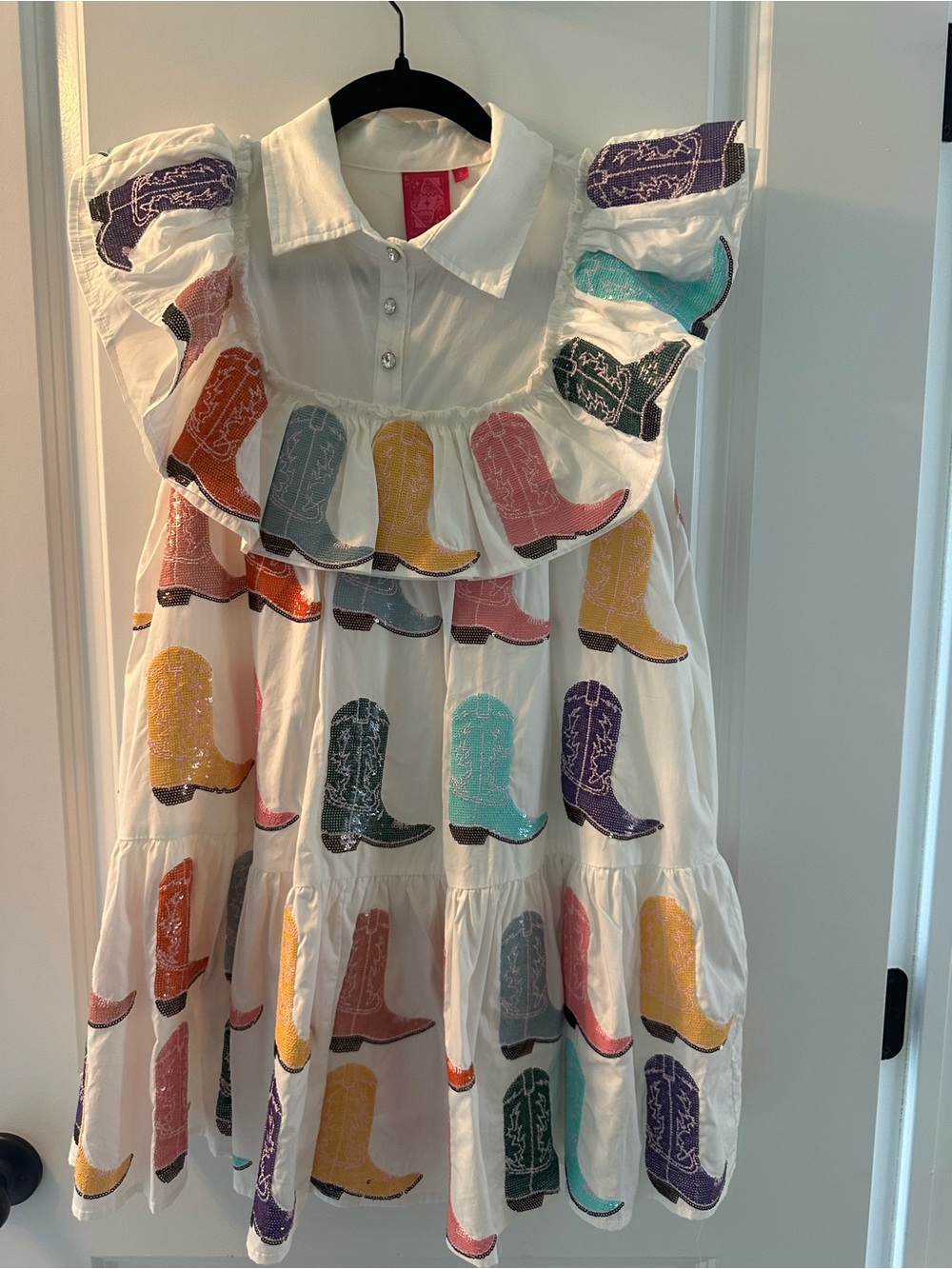 QOS White Ruffle Dress with Multi-Color Cowboy Boot Print